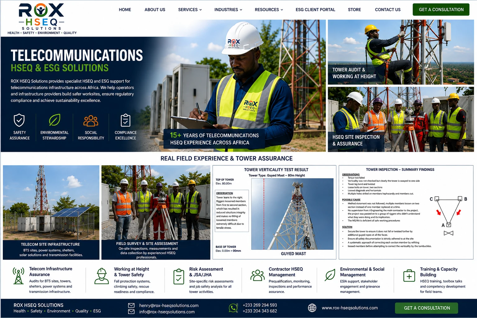 ROX HSEQ Solutions telecommunications HSEQ and ESG showcase featuring tower audit, working at height, site inspection, field assurance and tower verticality experience
